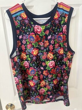 Johnny Was Navy Floral V-Neck Active Tank Top with Pink and Green Blooms